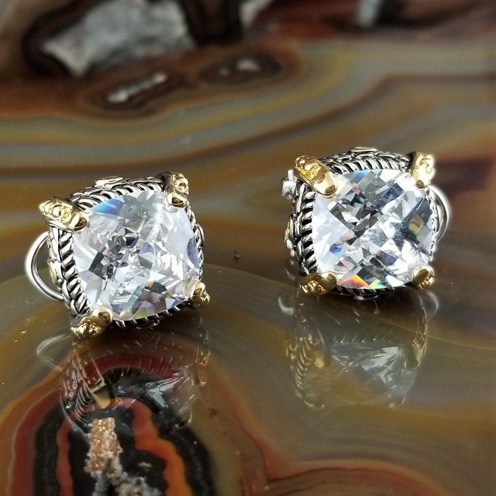 Balinese Silver & Gold Clear Princess Cut CZ Statement Earrings